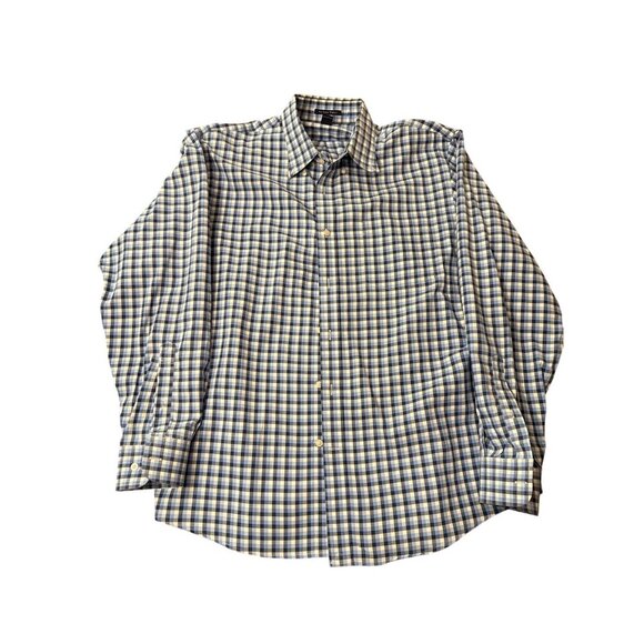 Lands End Mens No Iron Twill Blue & White Gingham Long Sleeve Button-Down Shirt - Picture 1 of 6